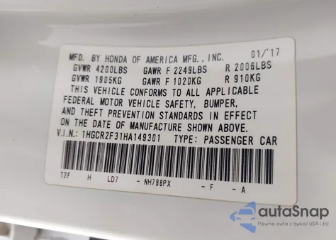 2017 Honda Accord Lx z USA, uszkodzony, nr VIN 1HGCR2F31HA149301